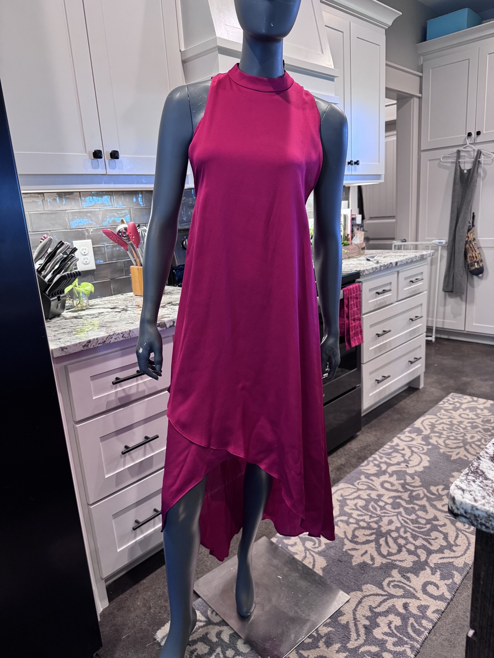 BCBGMaxAzria Sleeveless High-Neck Asymmetrical Hem Dress in Magenta (Cerise)